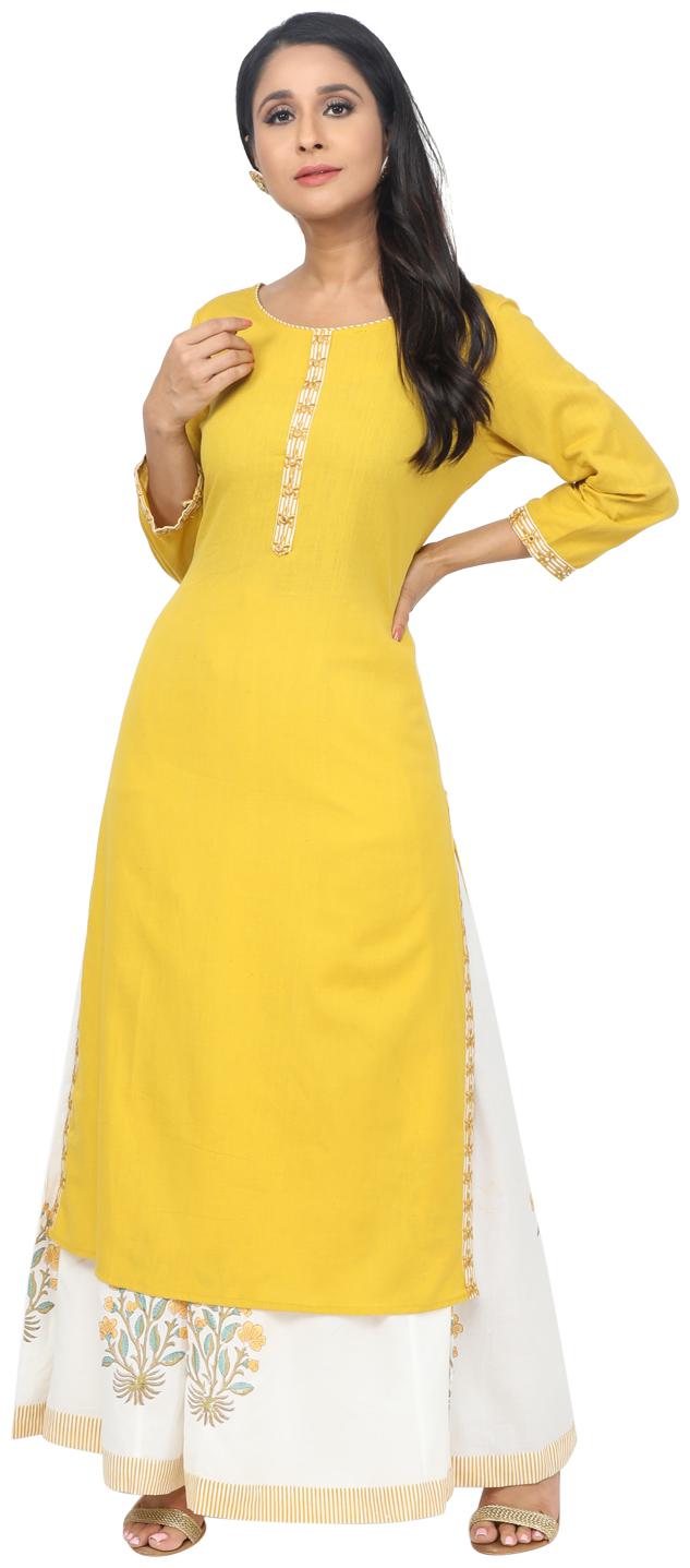 

Paislei Women Yellow Solid Regular Kurta With Palazzo