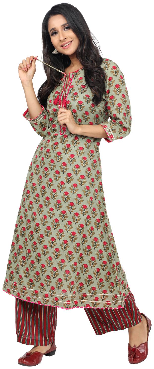

Paislei Women Green Floral Regular Kurta With Palazzo