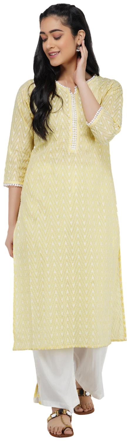 

Paislei Cotton Yellow Embroidered Kurta For Women