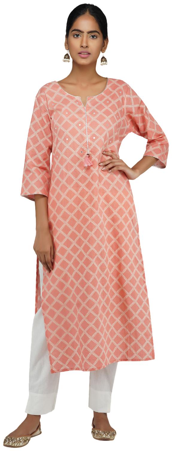 

Paislei Women Peach Checkered Regular Kurti