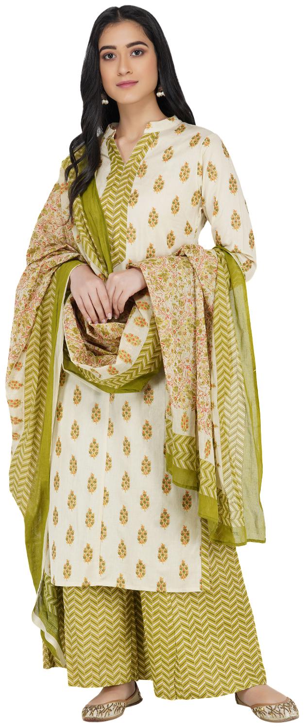 

Paislei Women Green White Floral Regular Kurta With Palazzo And Dupatta