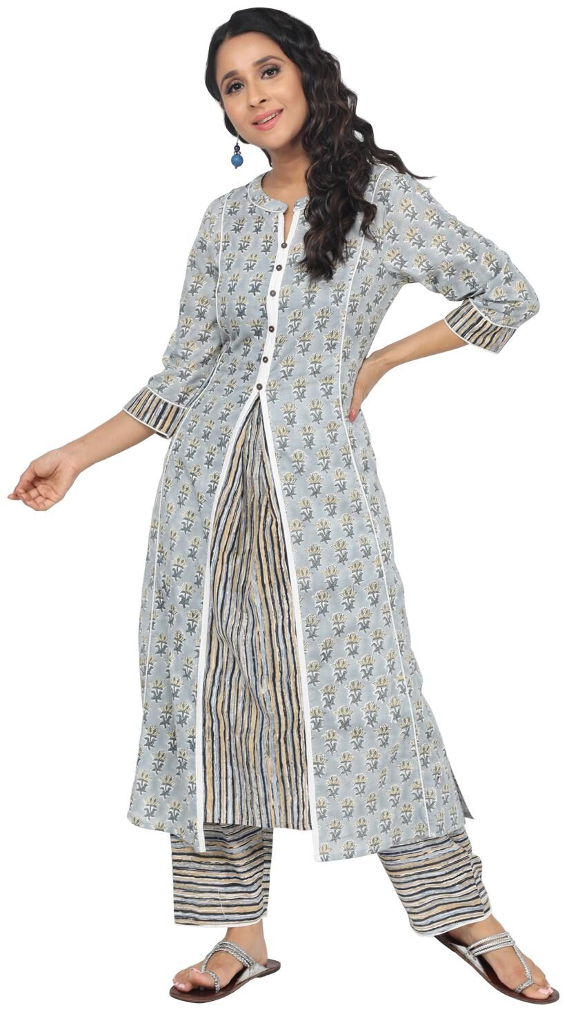 

Paislei Women Grey Floral Regular Kurta With Pants