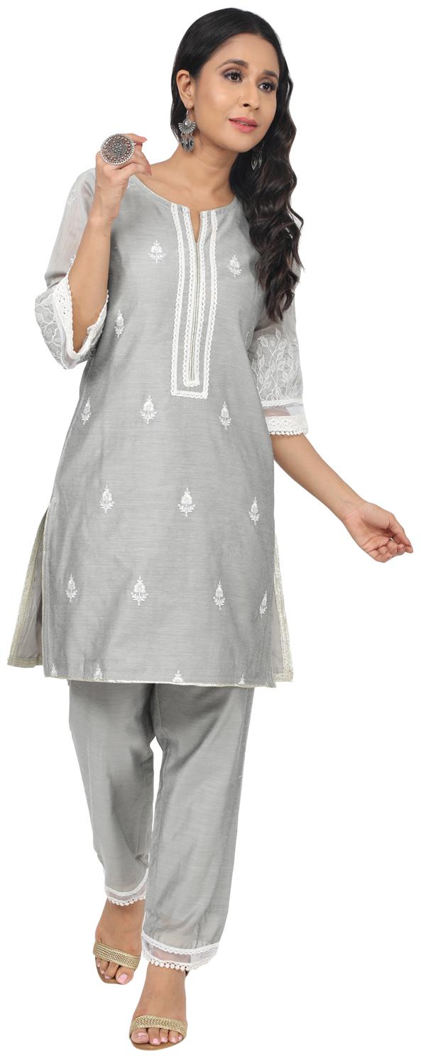 

Paislei Raw Silk Grey Embroidered Kurta For Women