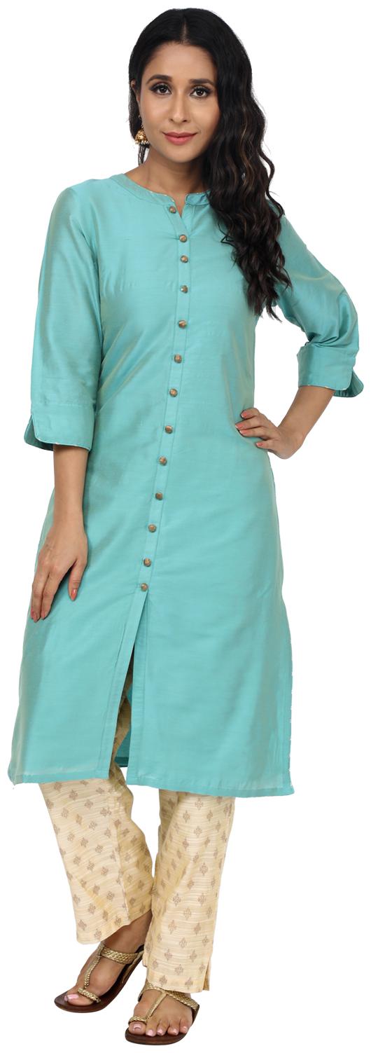 

Paislei Women Turquoise Solid Regular Kurta With Pants