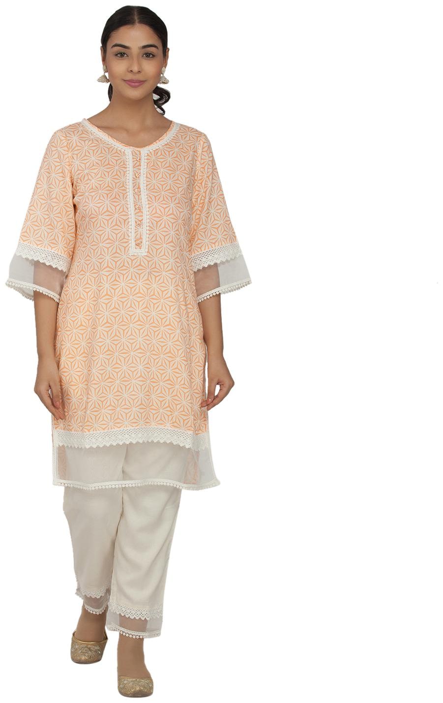 

Paislei Women Orange Printed Regular Kurti With Pants