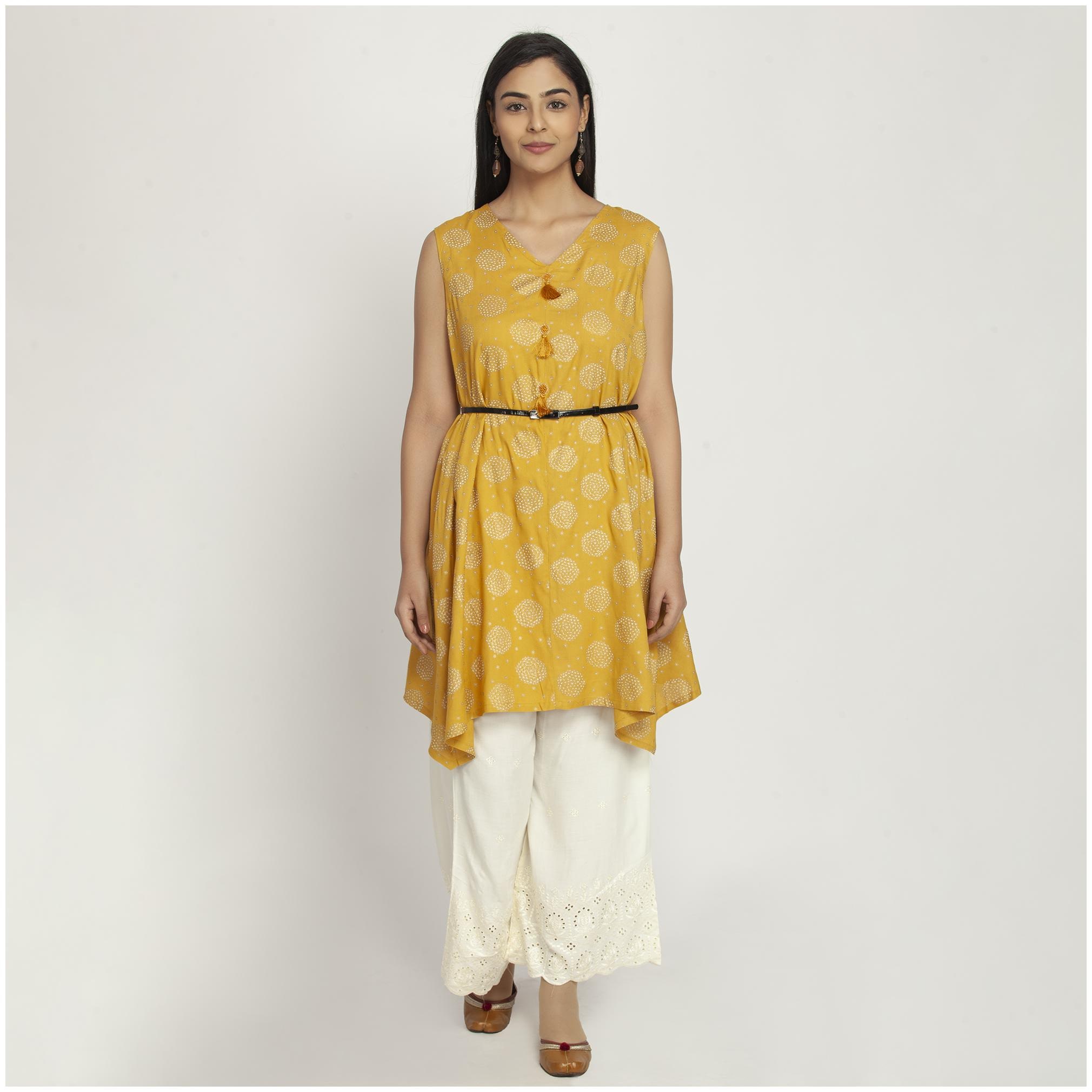

Paislei Women Mustard Viscose Rayon Printed Kurti