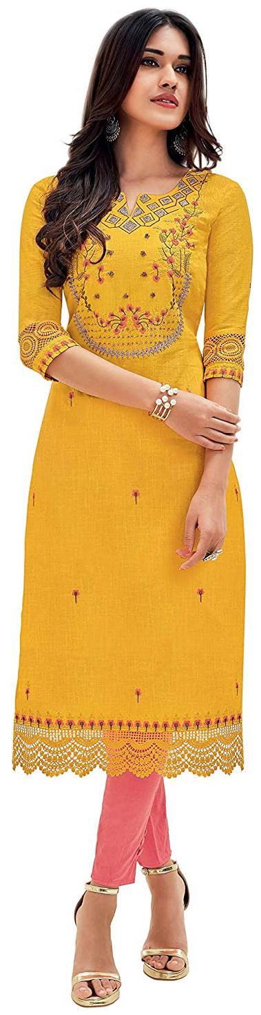 

Pakiza Women Yellow Embroidered Straight Kurti
