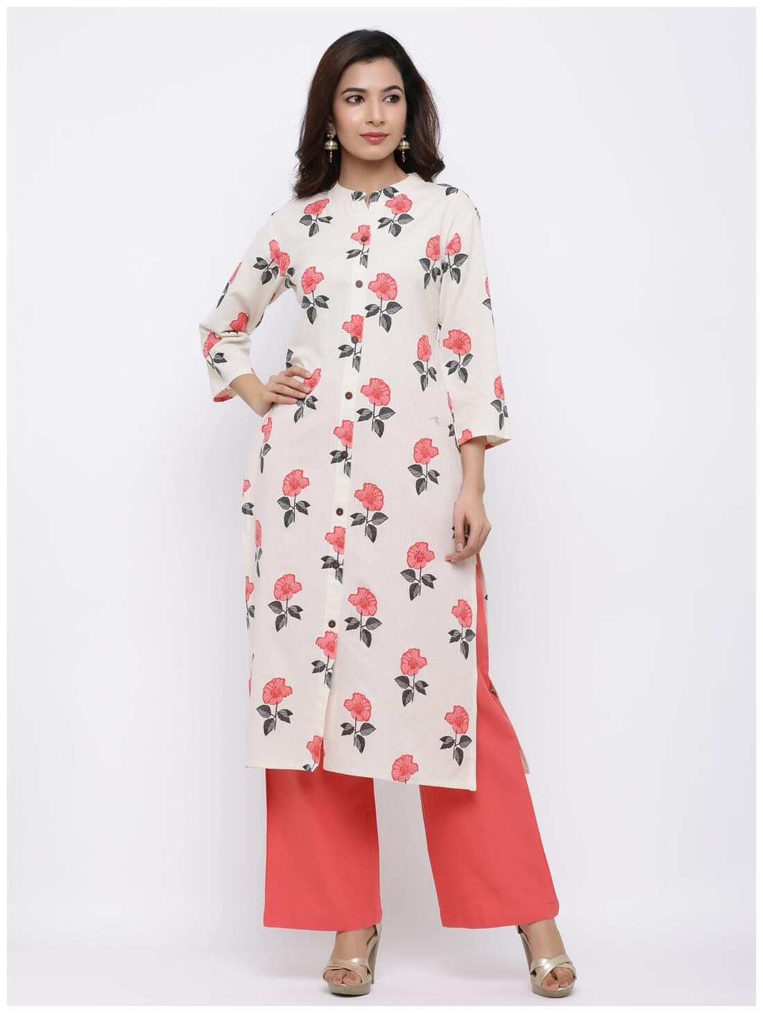 

Palakh Women White Floral Straight Kurta With Palazzo
