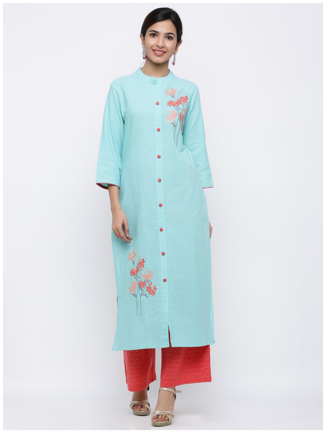 

Palakh Women Cotton Embroidered Kurta Green