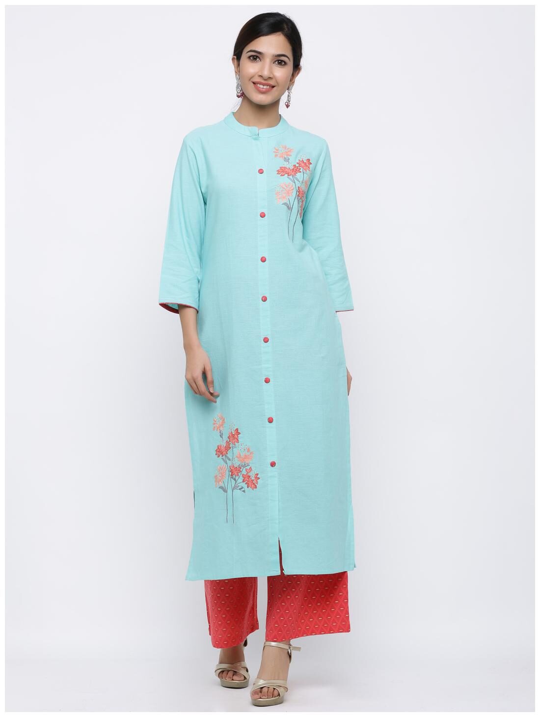 

Palakh Women Cotton Embroidered Kurta Green