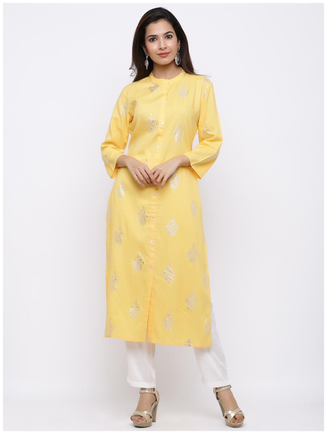 

Palakh Women Viscose Rayon Foil Print Kurta Yellow