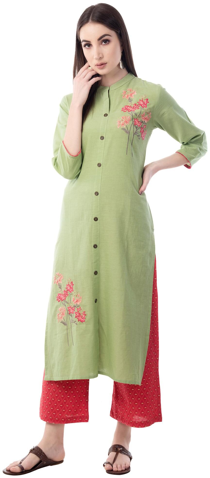 

Palakh Women Cotton Embroidered Kurta Green