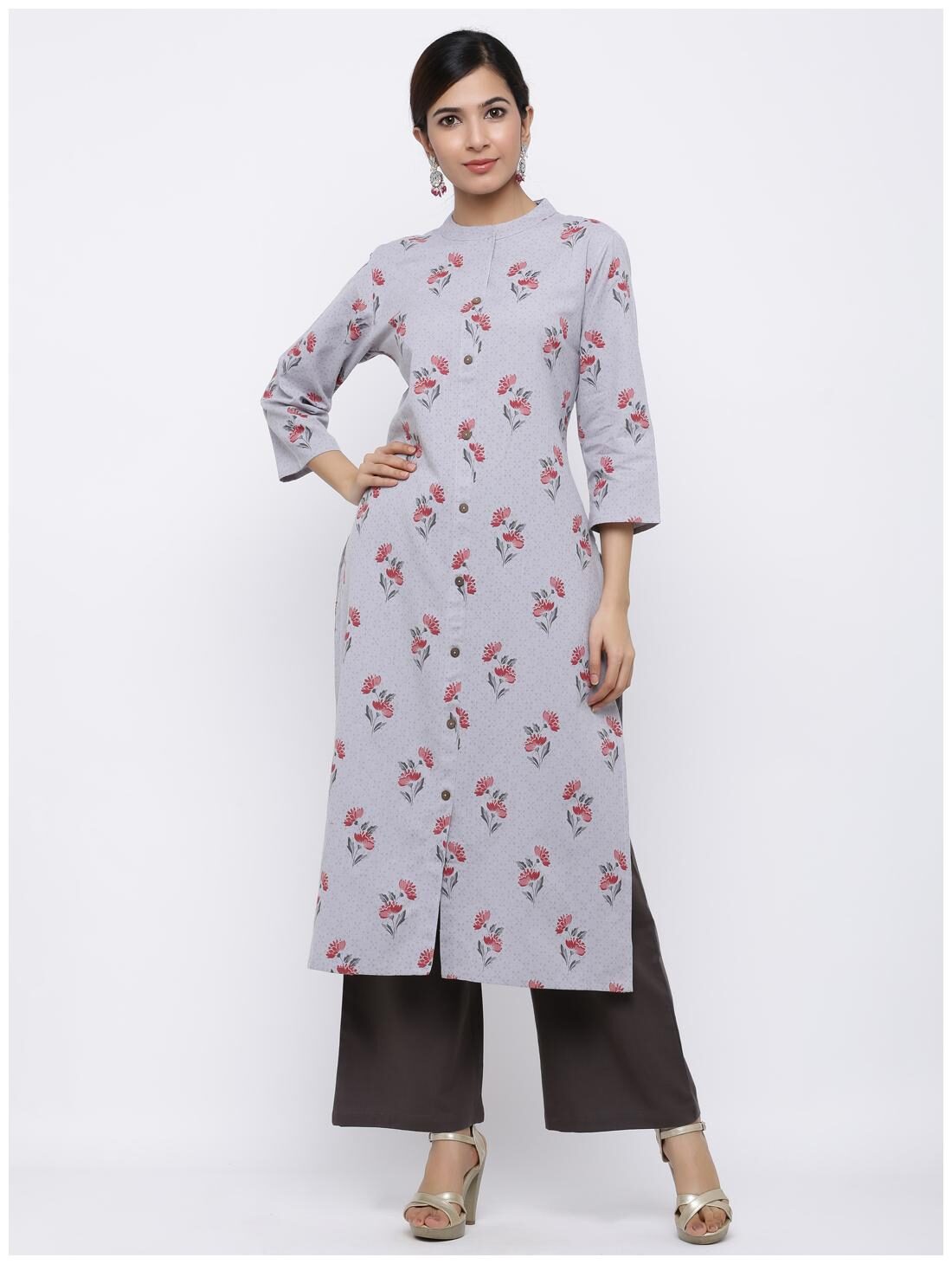 

Palakh Women Grey Floral Straight Kurta With Palazzo