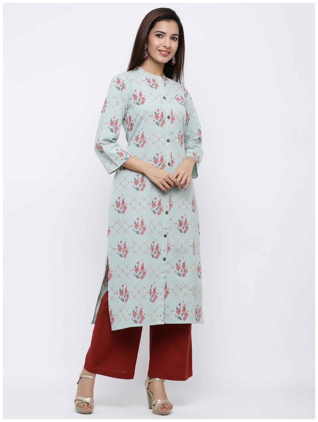 

Palakh Women Turquoise Floral Straight Kurta With Palazzo