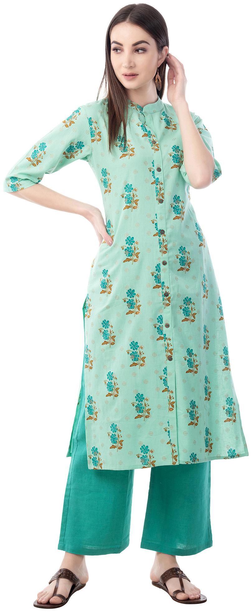 

Palakh Women Green Floral Straight Kurta With Palazzo