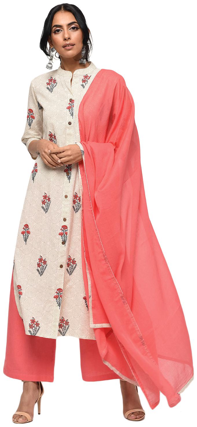 

Palakh Women Pink Floral Straight Kurta With Palazzo And Dupatta