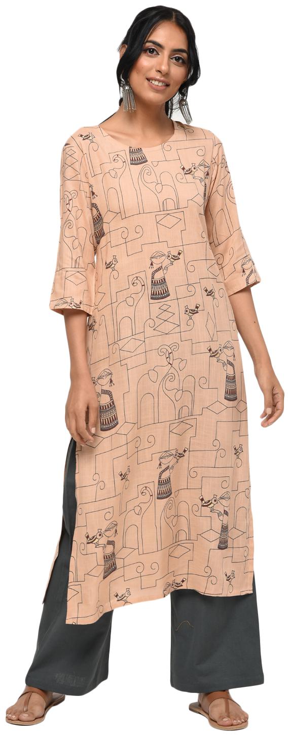 

Palakh Women Peach Printed Straight Kurta With Palazzo