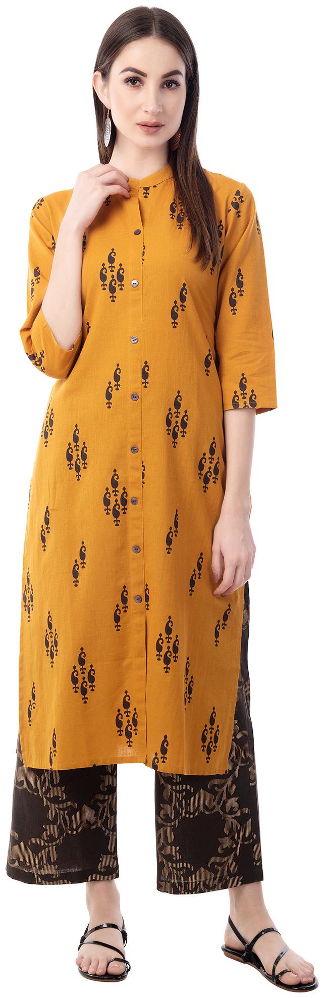 

Palakh Women Mustard Printed Straight Kurta With Palazzo