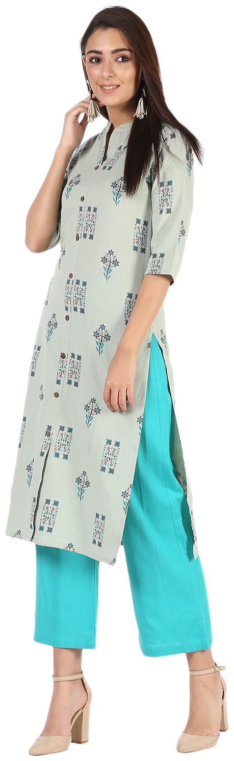 

Palakh Women Turquoise Floral Straight Kurta With Palazzo
