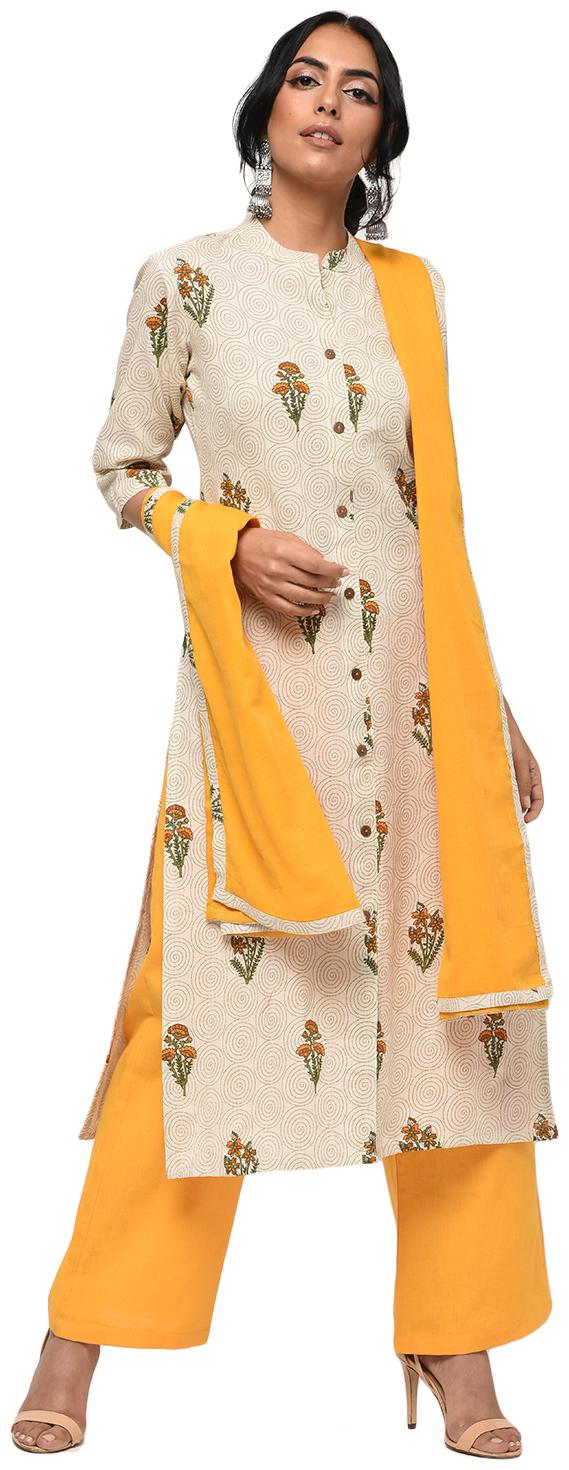 

Palakh Women Yellow Floral Straight Kurta With Palazzo And Dupatta