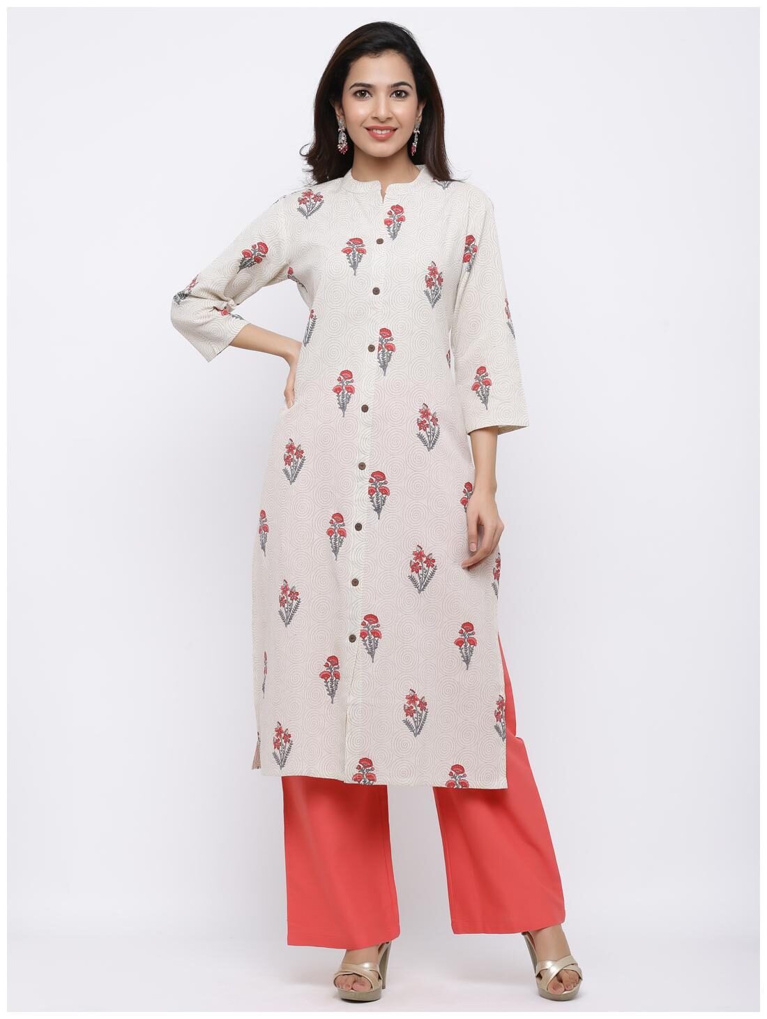 

Palakh Women White Floral Straight Kurta With Palazzo And Dupatta