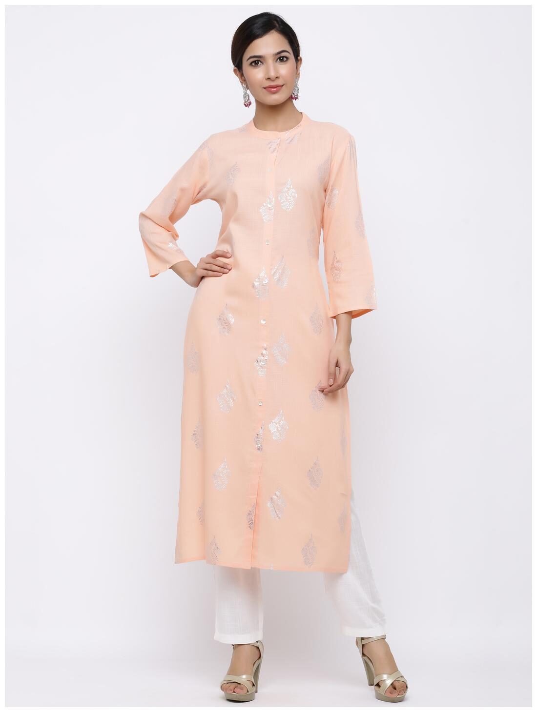 

Palakh Women Viscose Rayon Foil Print Kurta Peach