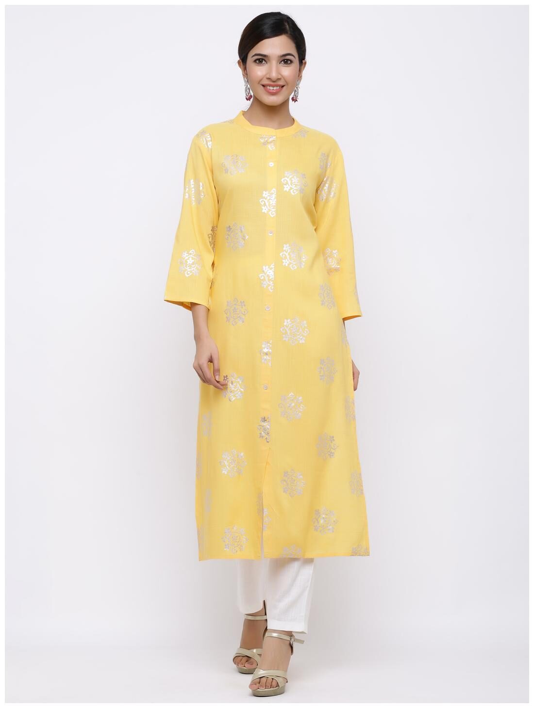 

Palakh Women Viscose Rayon Foil Print Kurta Yellow