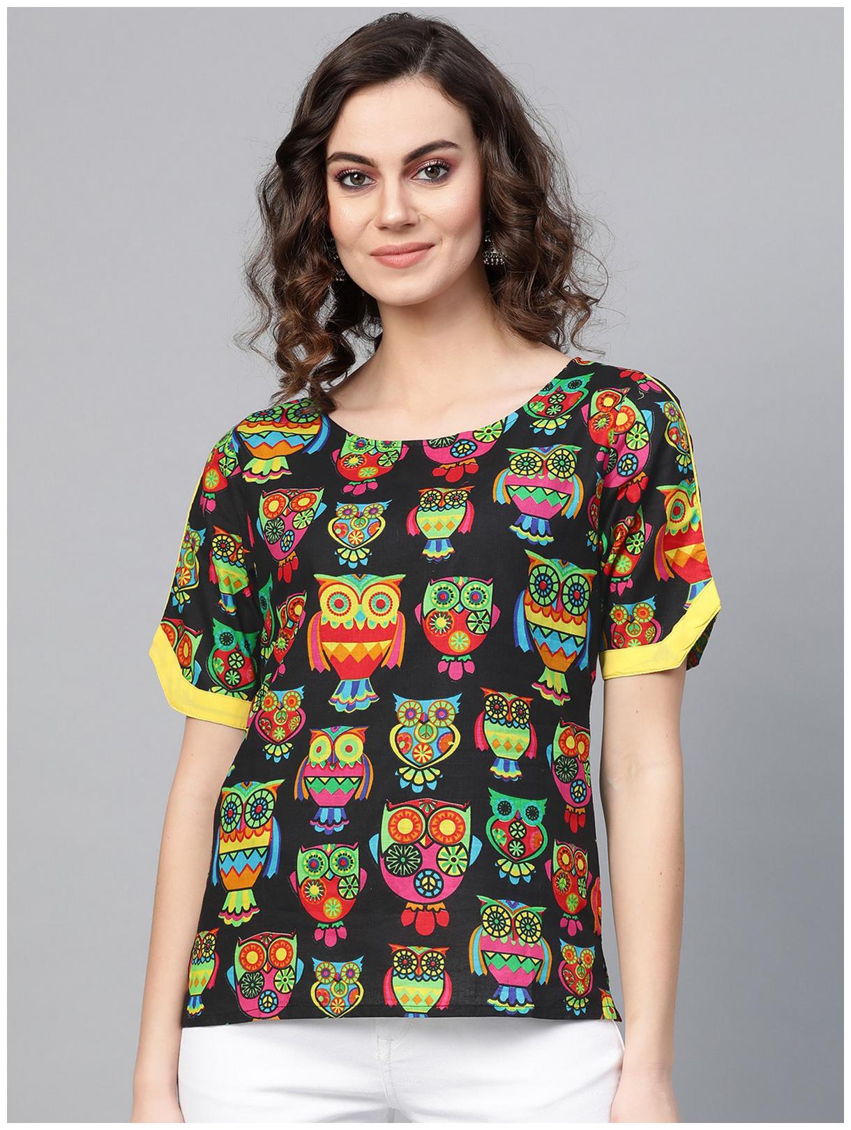 

Pannkh Women Printed Regular top - Black