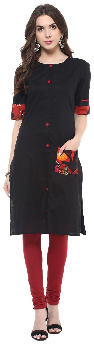 

Pannkh Women Black Solid Straight Kurta