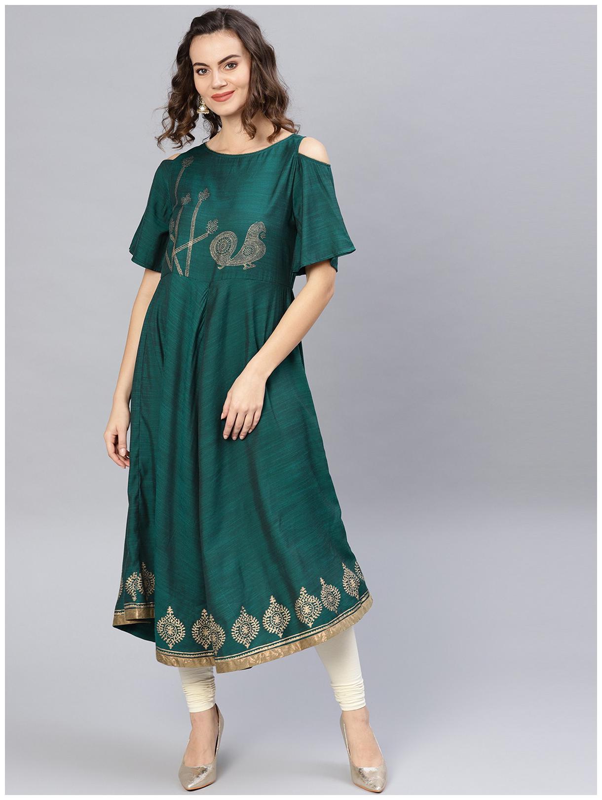 

Pannkh Women Green Printed Layered Kurta