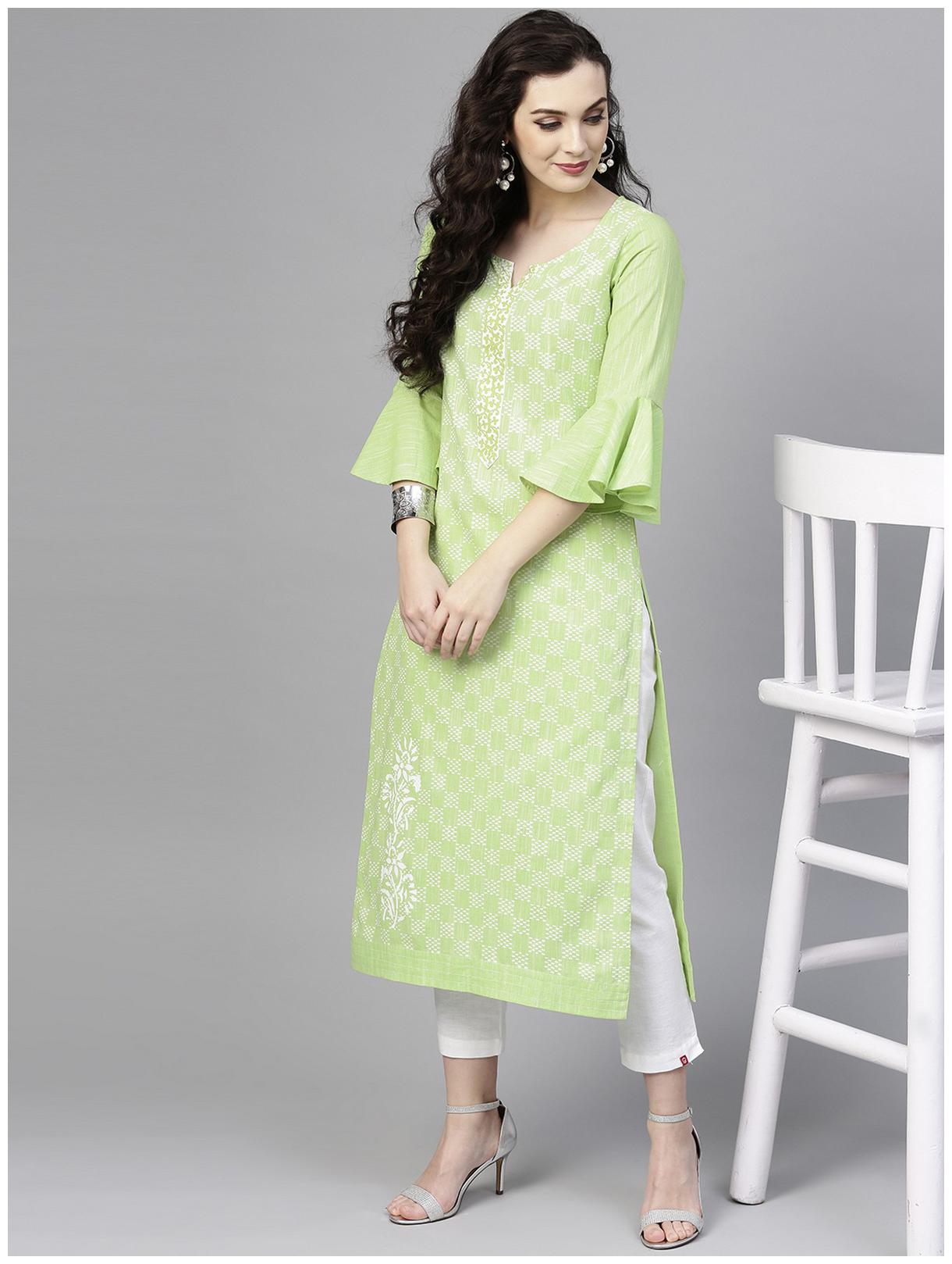 

Pannkh Women Green Printed Regular Kurta