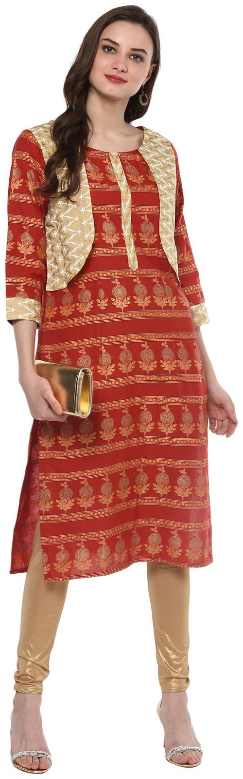 

Pannkh Women Red Printed Straight Kurta