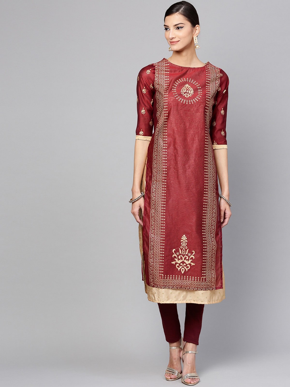 

Pannkh Women Maroon Printed Straight Kurta