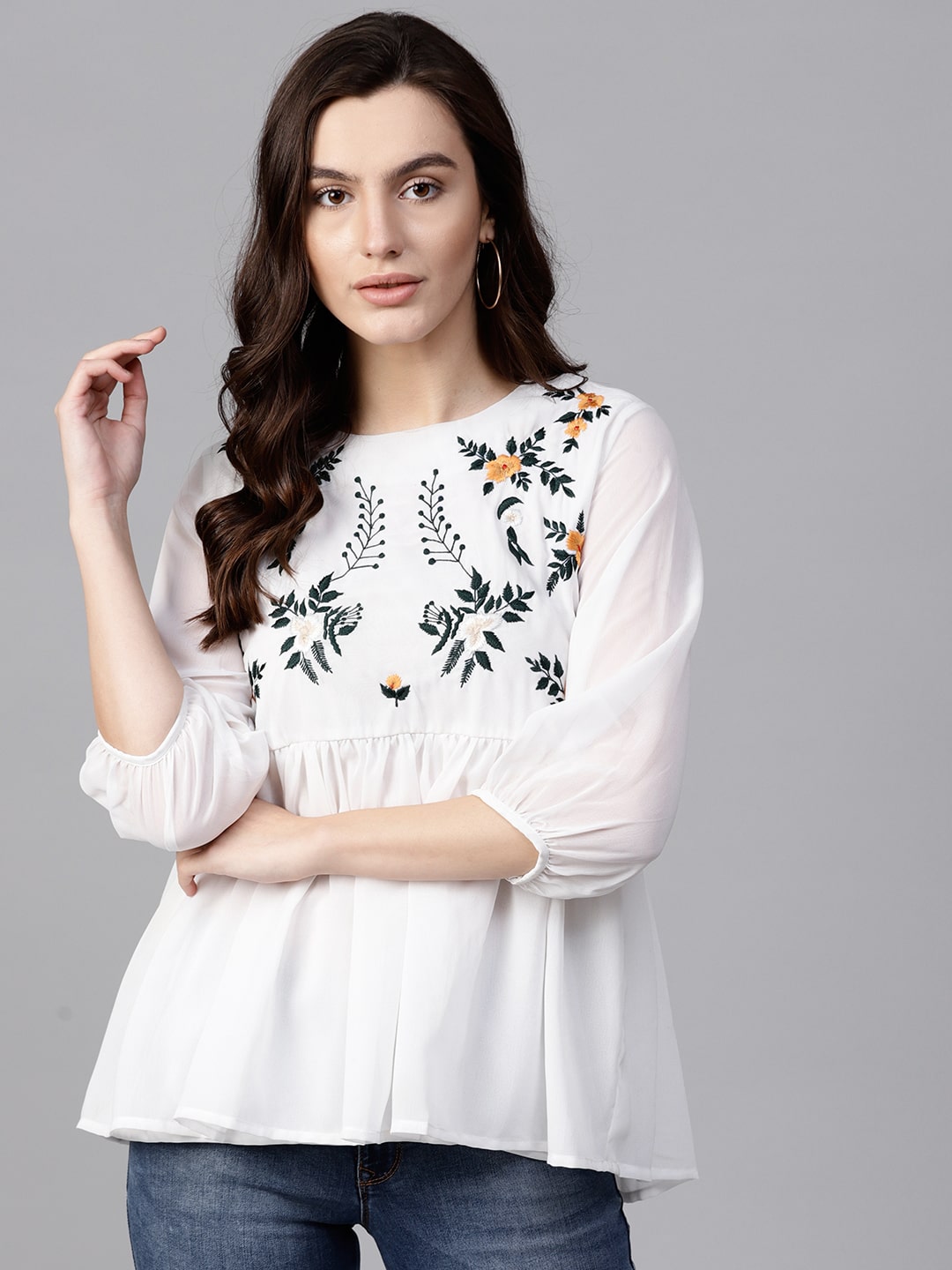 

Pannkh Women Embroidered Regular top - White