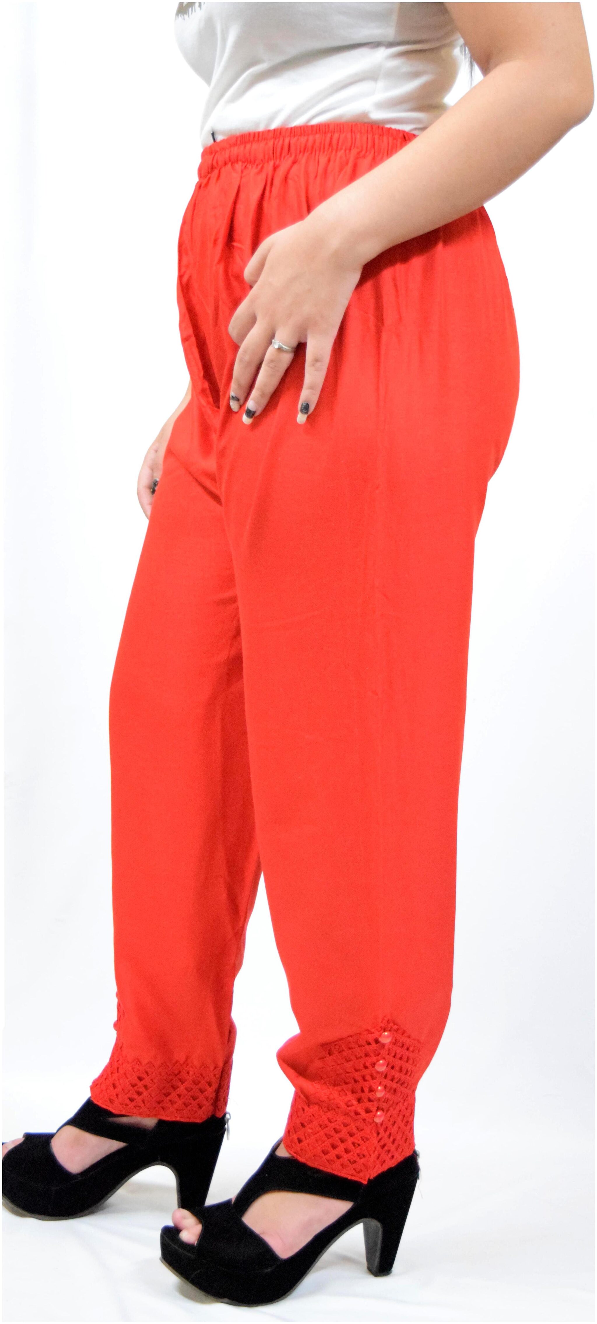 

Women Straight Fit Mid Rise Solid Pants with Lace Work - Red