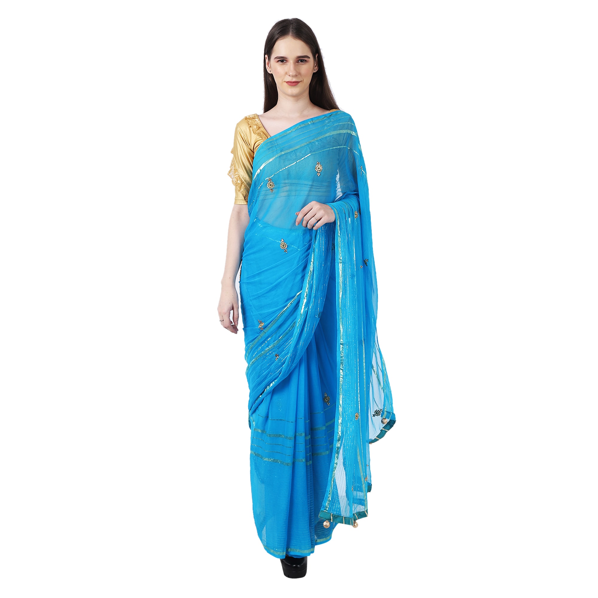 

Paras Designer Chiffon Embellished Blue Color Saree With Blouse