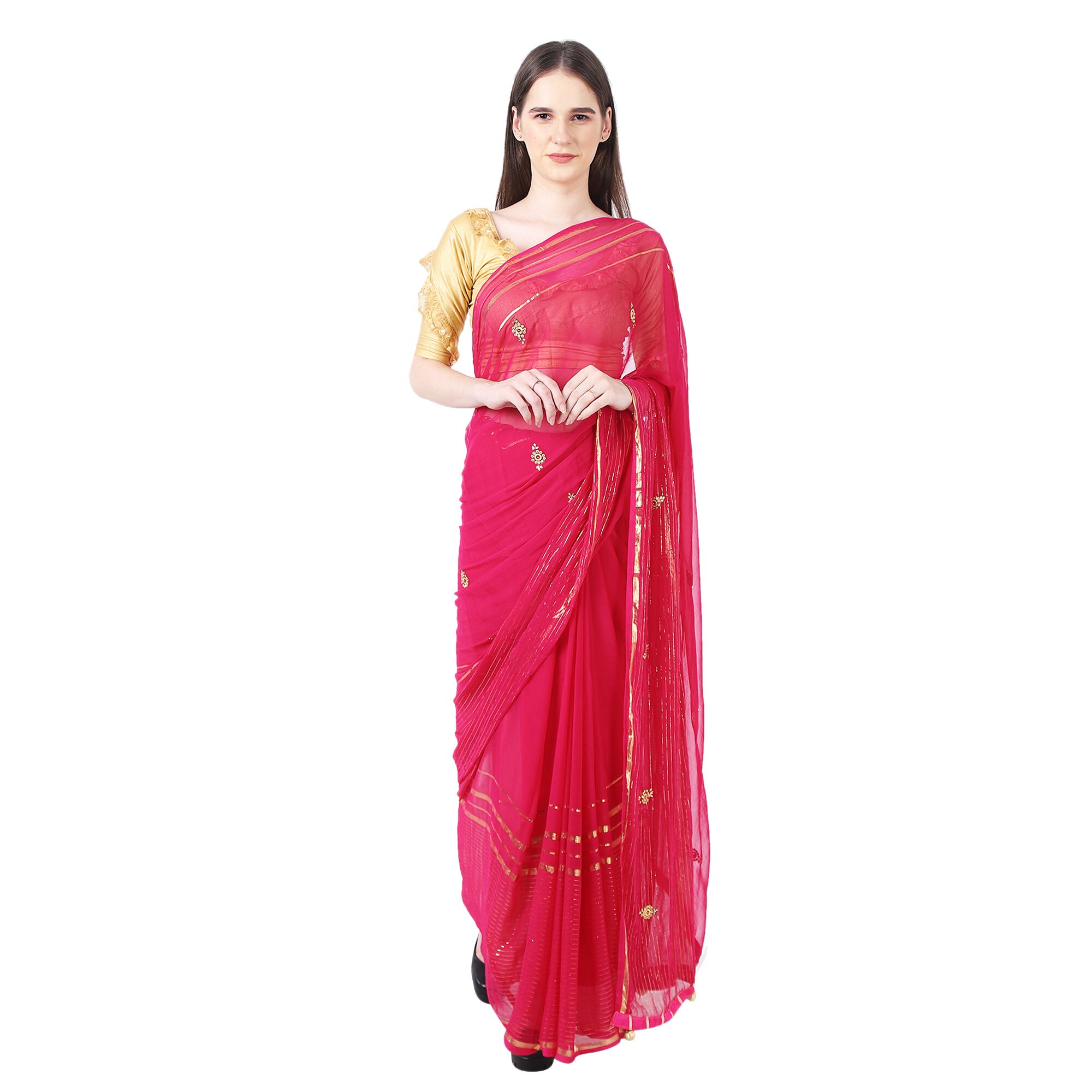 

Paras Designer Chiffon Embellished Pink Color Saree With Blouse