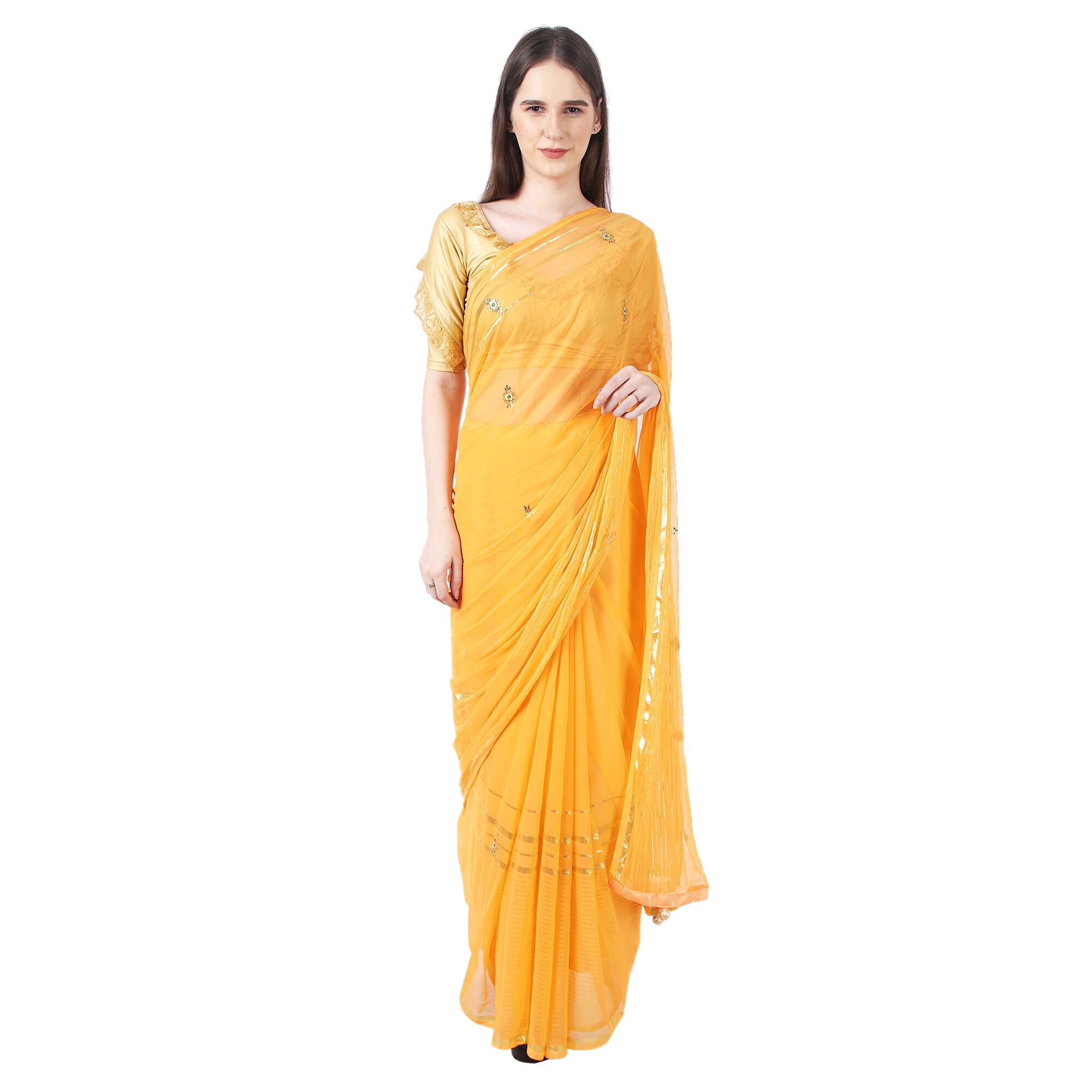 

Paras Designer Chiffon Embellished Yellow Color Saree With Blouse
