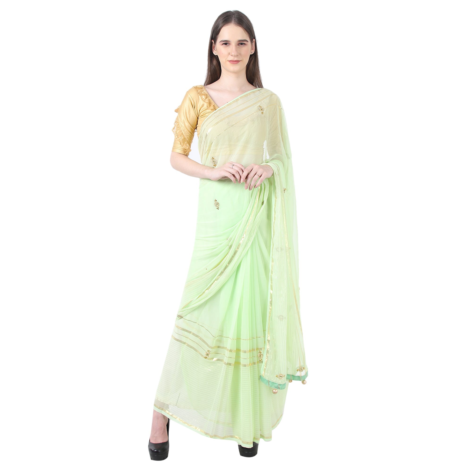 

Paras Designer Chiffon Embellished Green Color Saree With Blouse