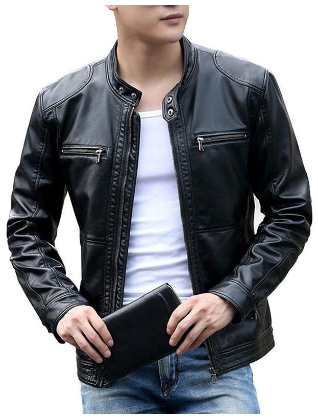

PARE Men Black Solid Leather jacket