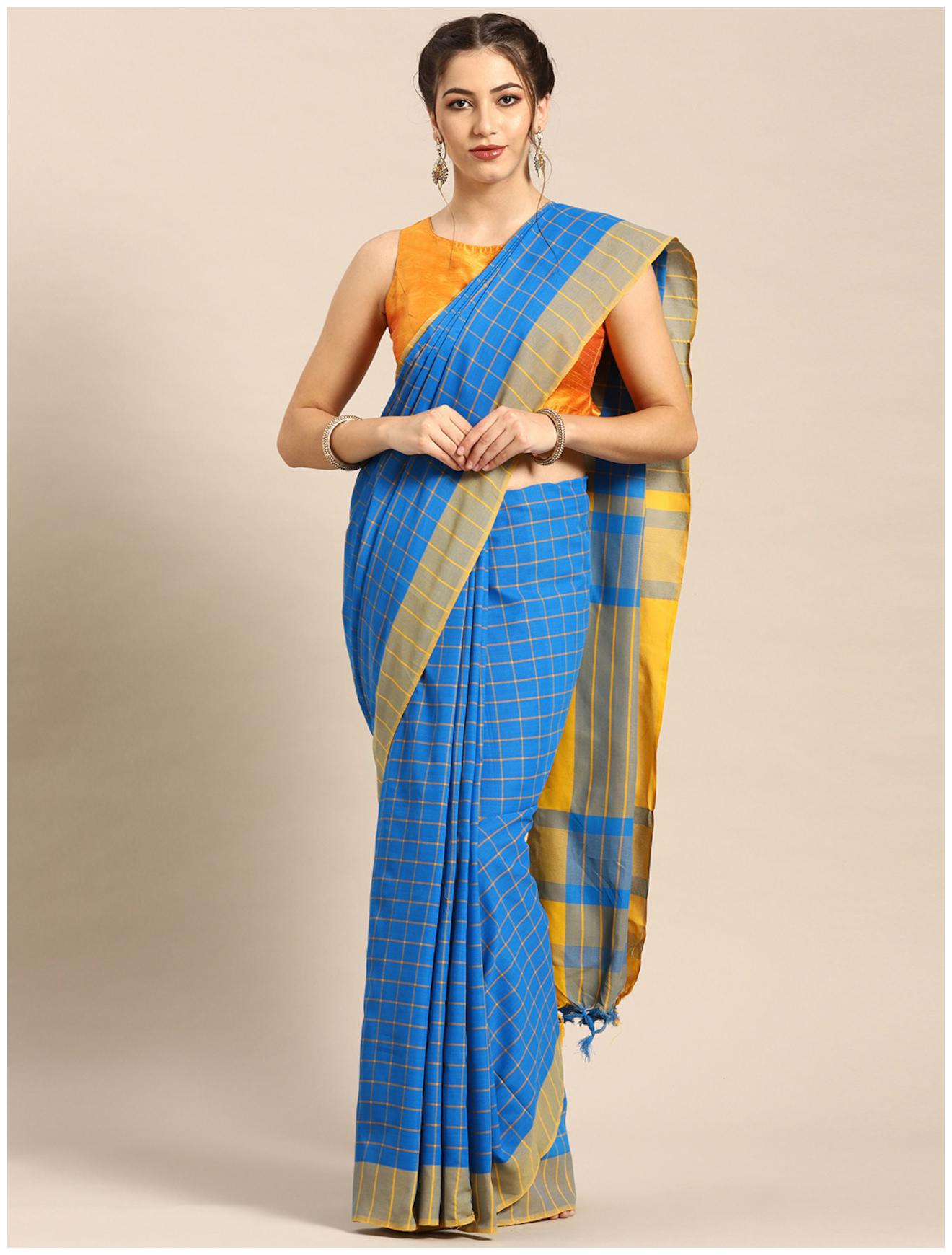 

Paris Designer Women Cotton Checks Saree with Blouse Piece (Turquoise)
