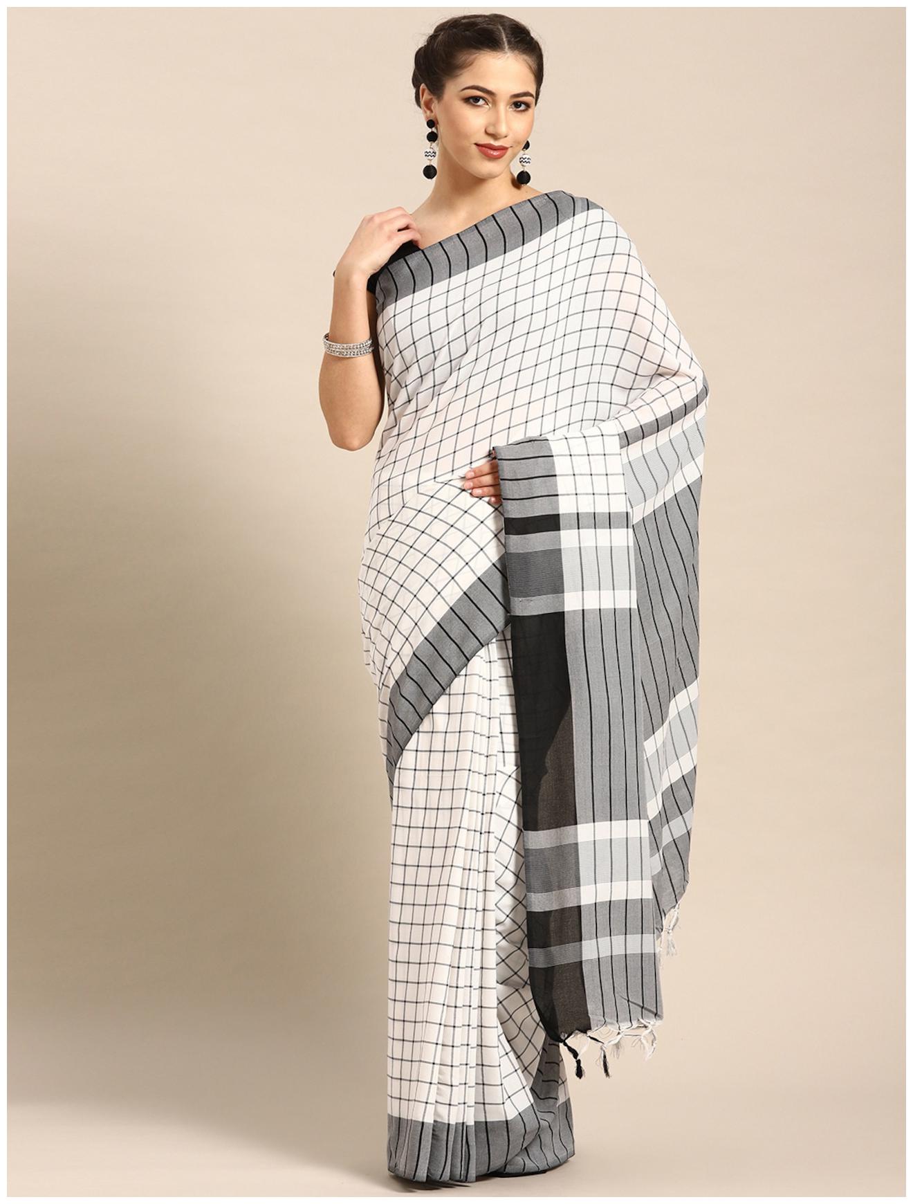 

Paris Designer Women Cotton Checks Saree with Blouse Piece (White)