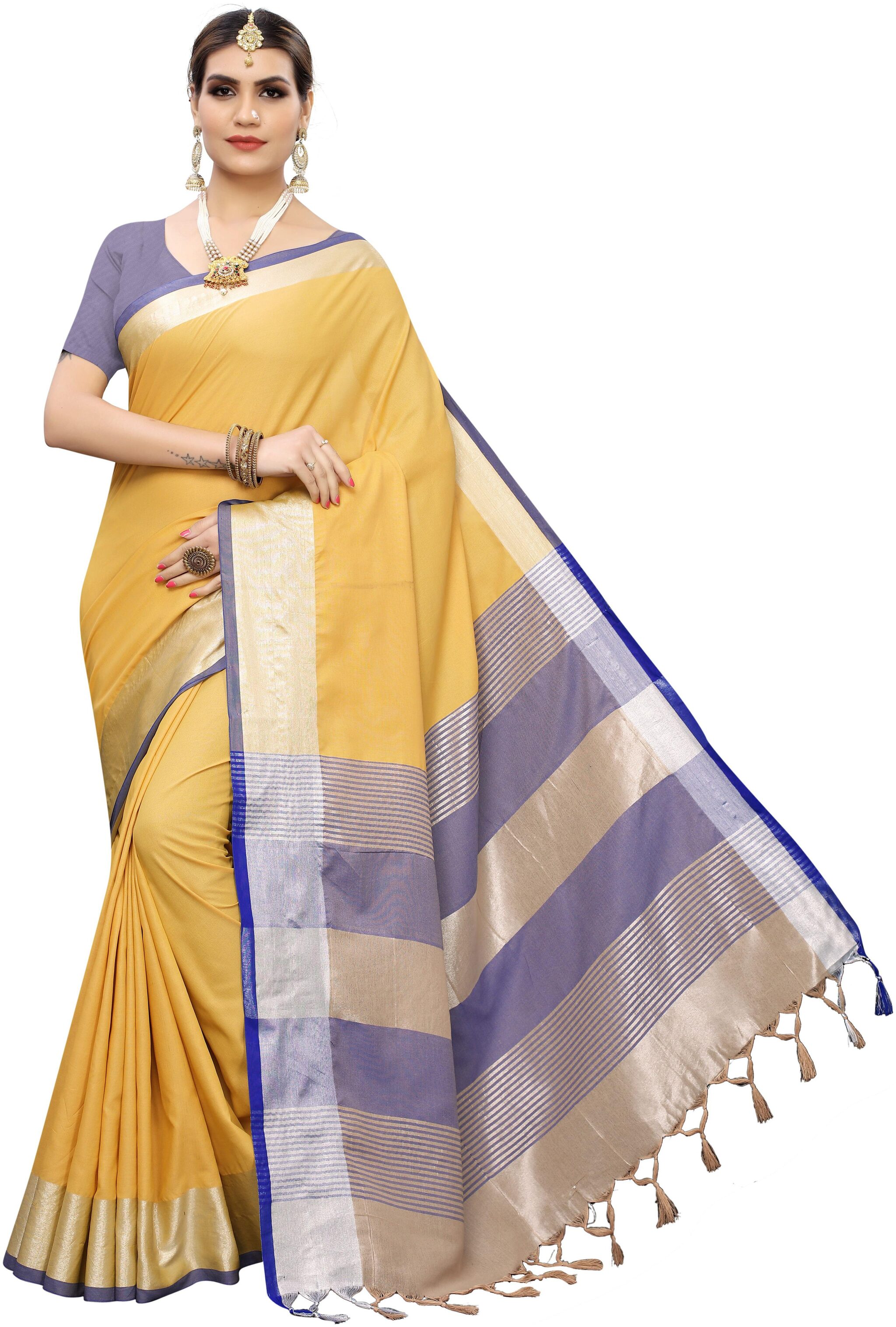 

Paris Designer Women Cotton Silk Daily Wear Saree (Purple Yellow)