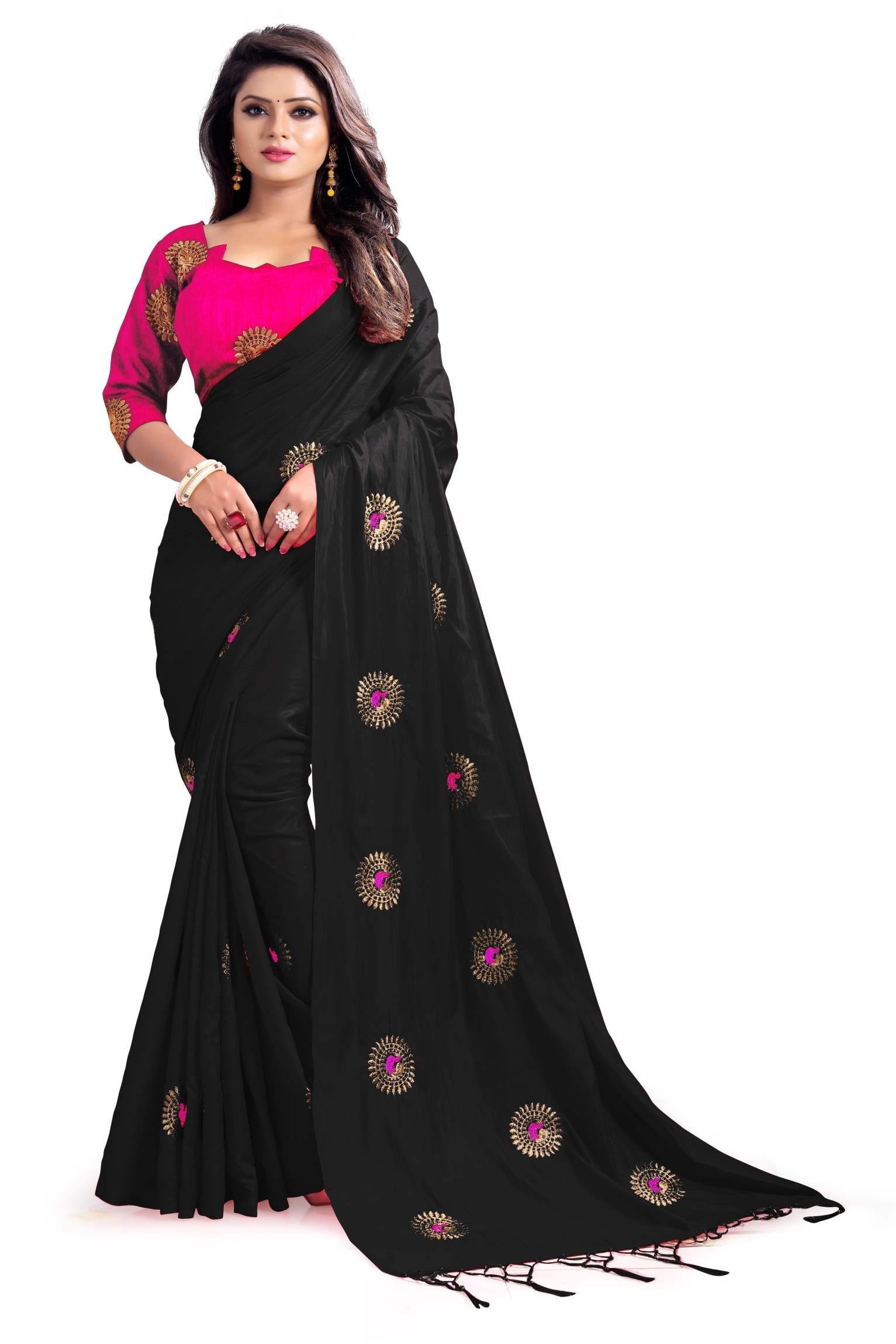 

Paris Designer Silk Embroidered Black Color Saree with Blouse
