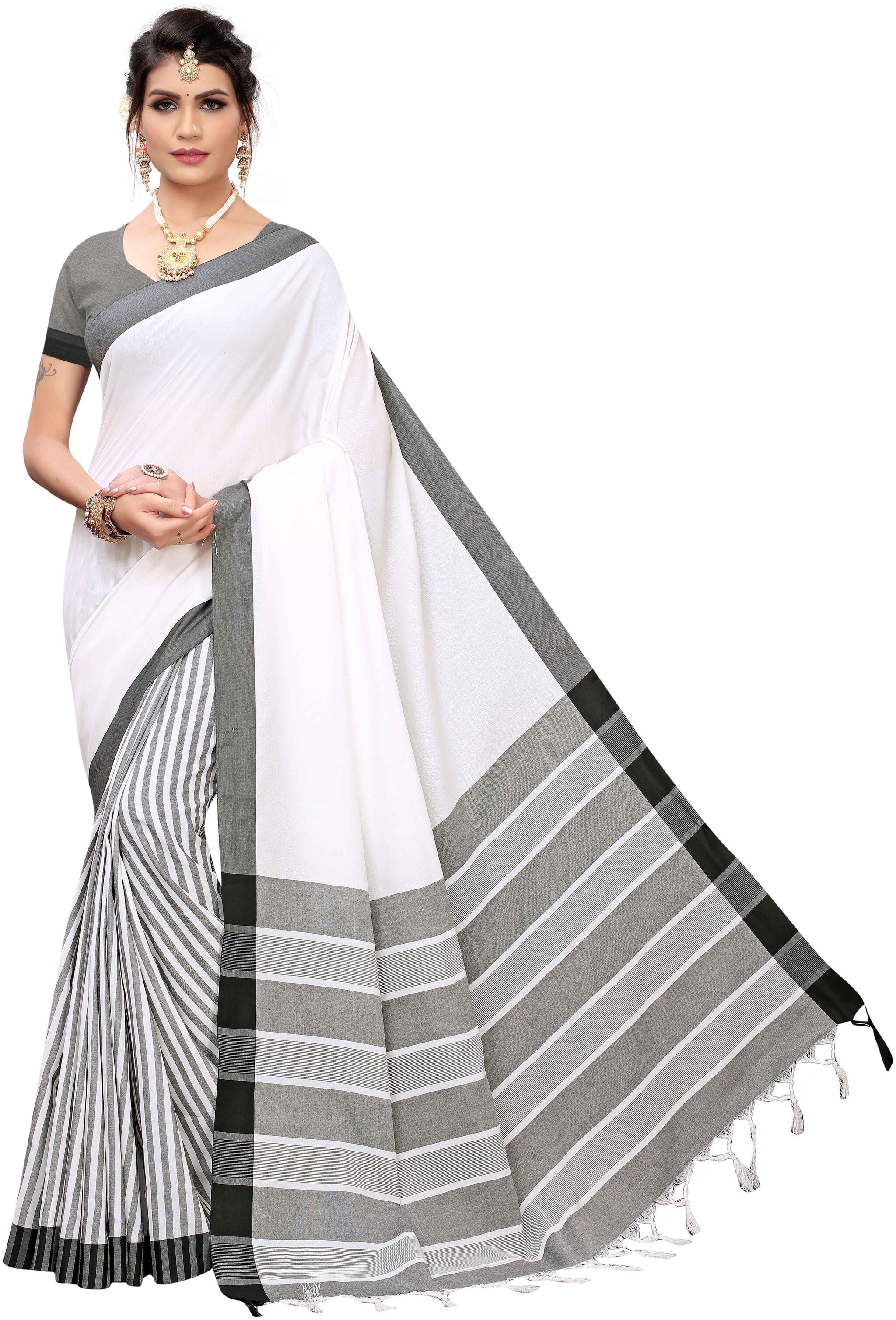 

Paris Designer Striped Cotton Saree (White)