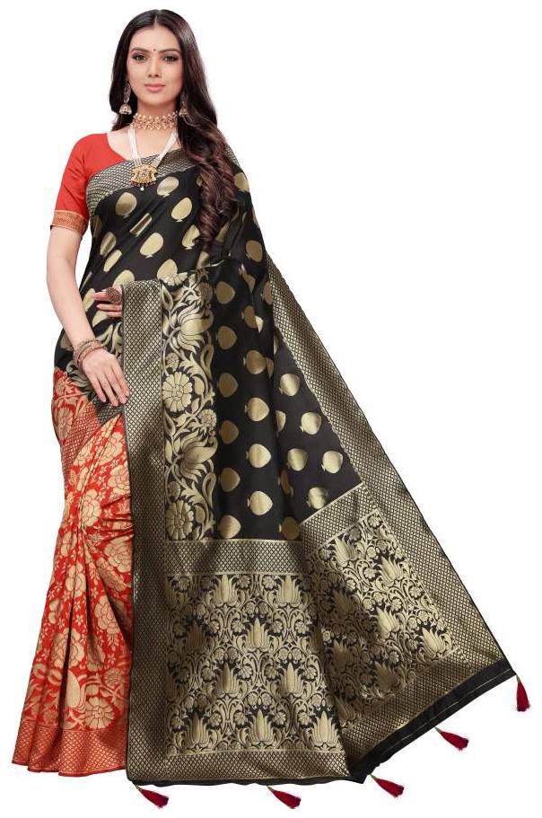 

Paris Designer Women Jacquard Woven Black Red Regular Saree With Blouse