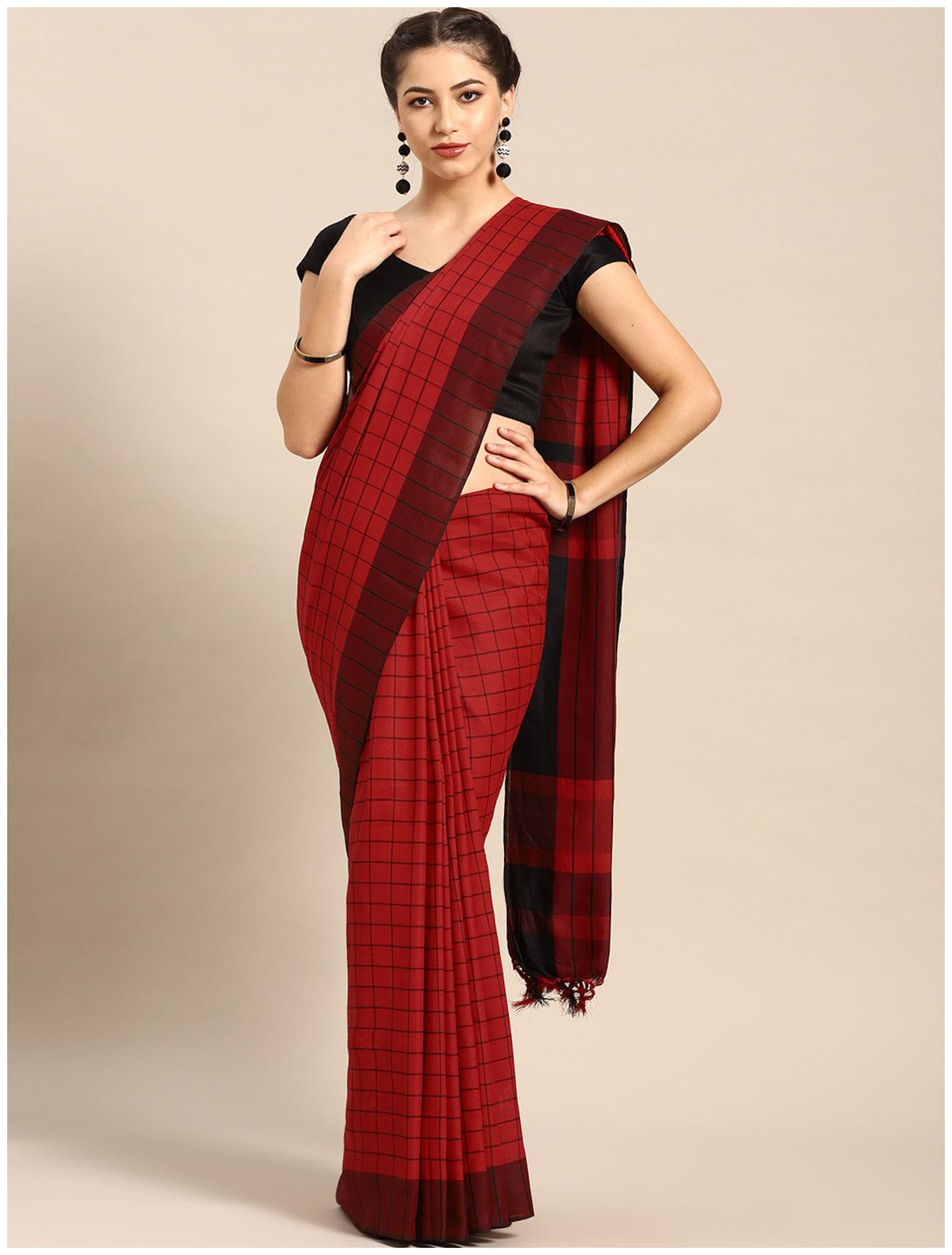

Paris Designer Women Cotton Checks Saree with Blouse Piece (Red)