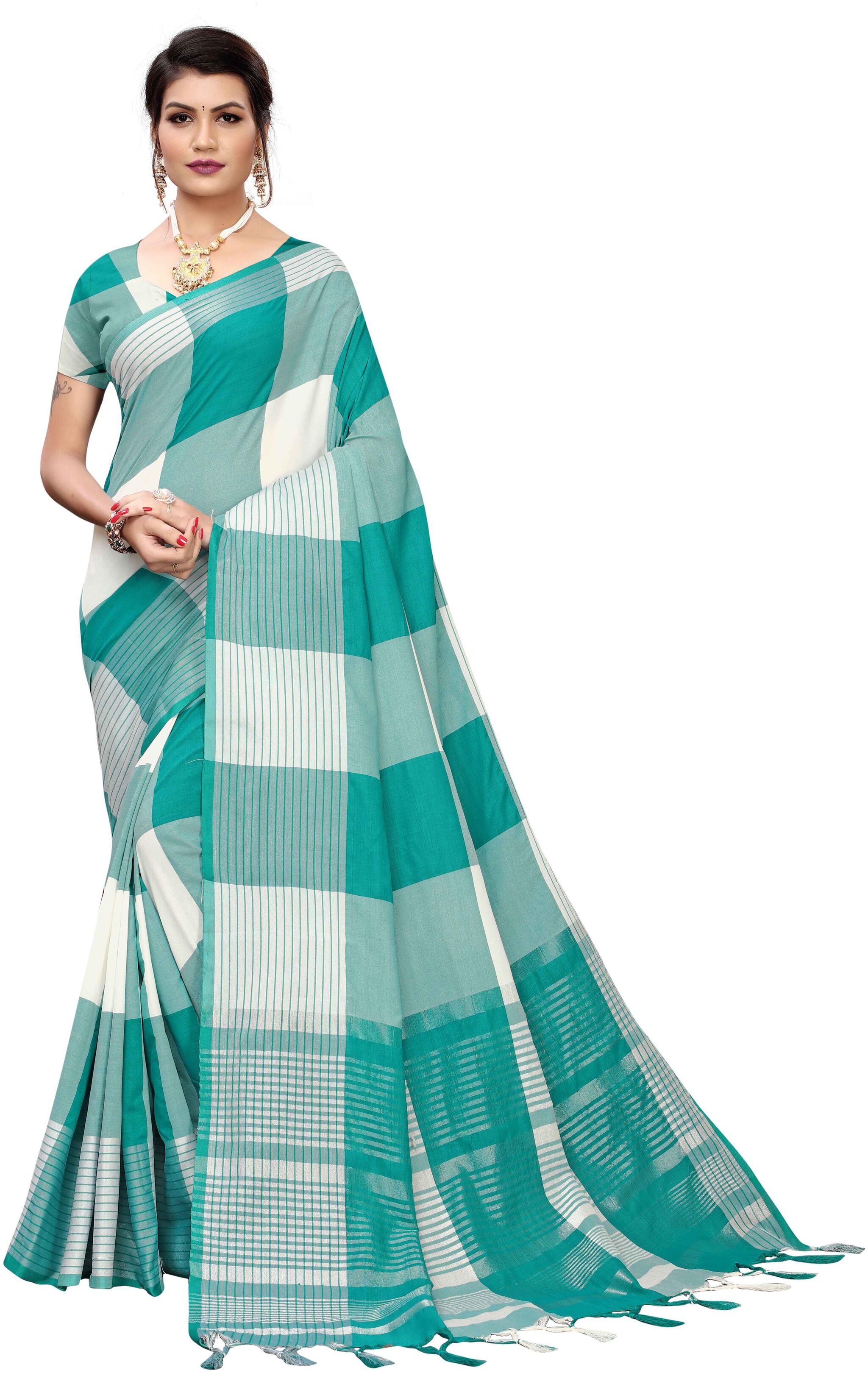 

Paris Designer Cotton Checkered White Green Color Saree With Blouse