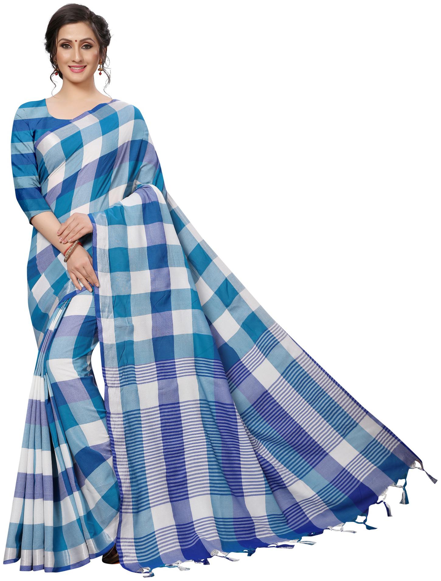 

Paris Designer Cotton Checkered Blue White Color Saree with Blouse