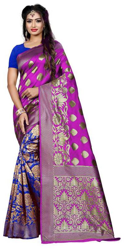 

Paris Designer Women Jacquard Woven Pink Blue Regular Saree With Blouse
